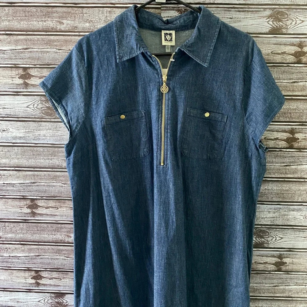 Anne Klein Women's‎ Short-Sleeved Dress Sz 16 Chambray Blue Dark Wash Zipper NWT